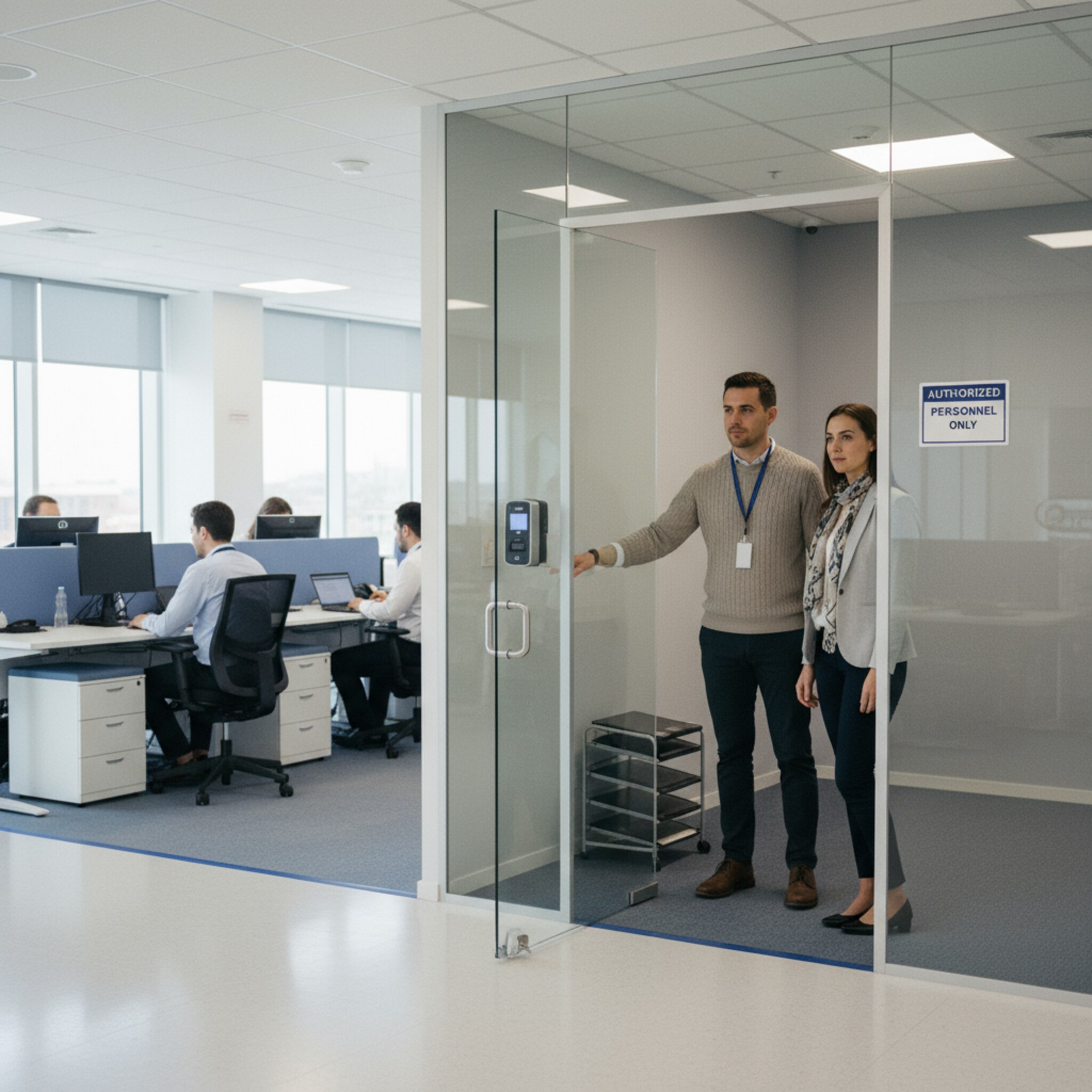 Eine Etage mit zwei deutlich getrennten Bereichen, farblich dezent markiert. Ein Teamleiter zeigt einem Kollegen ruhig den Zugang zu einer abgegrenzten Zone. Türen sind offen, doch die Grenzen sind klar erkennbar. Die Szene vermittelt Kontrolle, Sicherheit und reibungslose Zusammenarbeit.