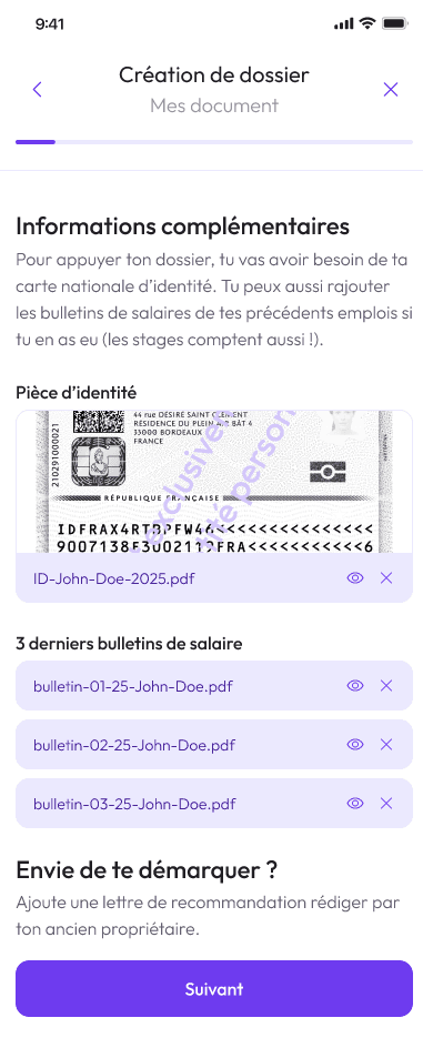 Une interface de création de dossier de candidature, au sein de l'application mobile Studyhome.