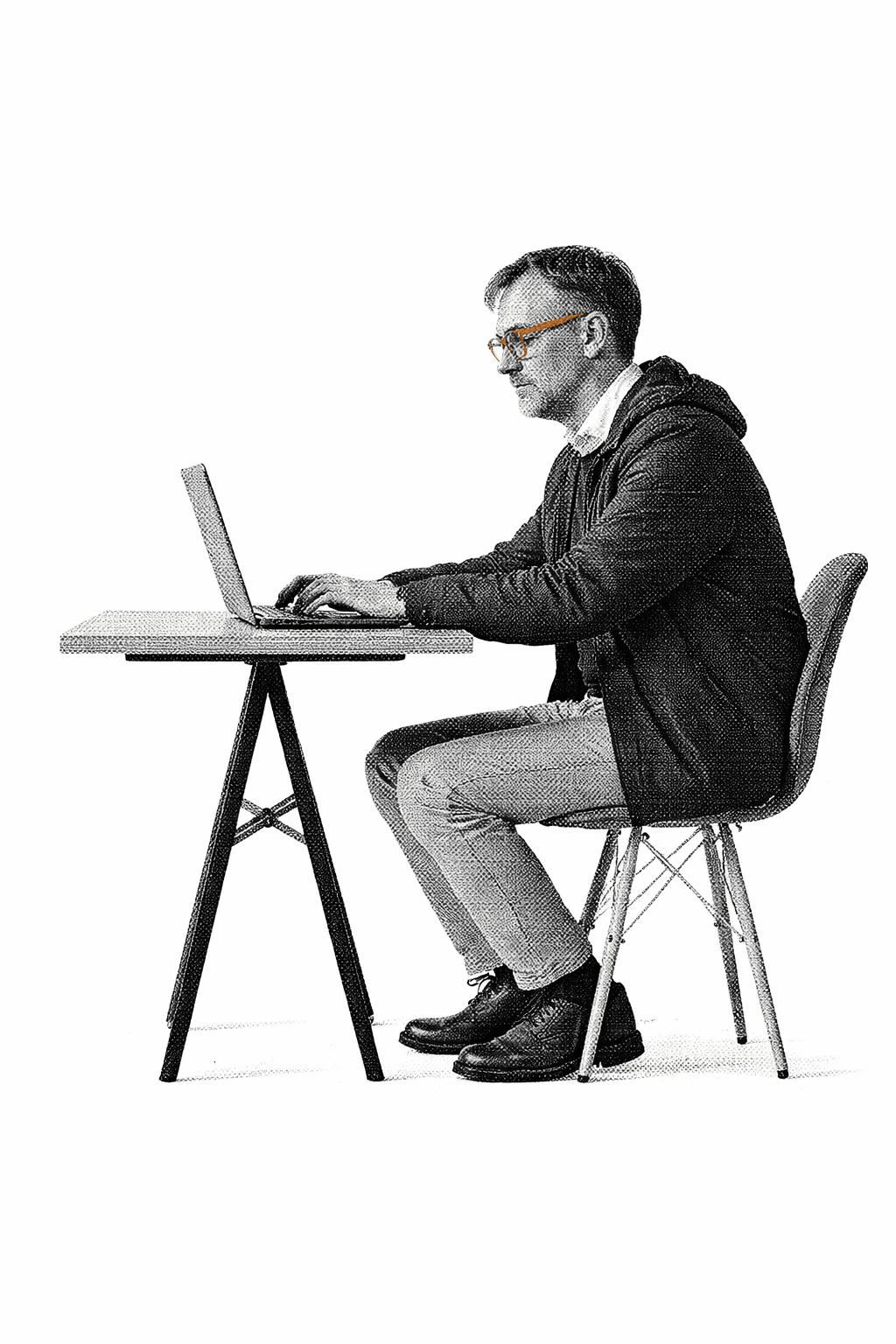 Man in orange jacket sitting with laptop, vibrant monochrome background.