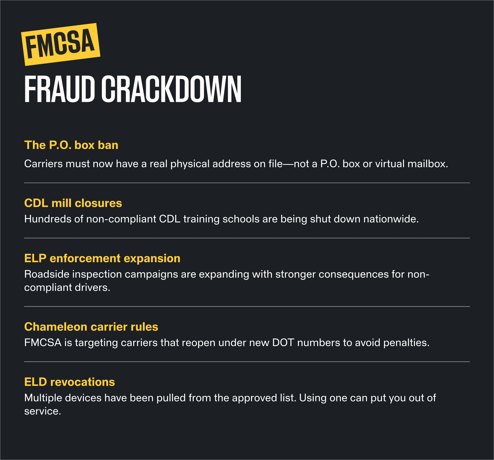 Dark infographic titled “FMCSA Fraud Crackdown.” It lists several enforcement updates: carriers must use a real physical address instead of a P.O. box, hundreds of non-compliant CDL training schools are being shut down, roadside inspection enforcement is expanding, regulators are targeting “chameleon” carriers that reopen under new DOT numbers, and some electronic logging devices (ELDs) have been removed from the approved list.