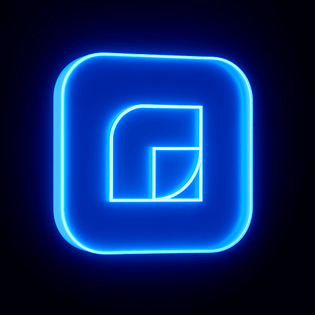 Glowing blue geometric icon on black background.