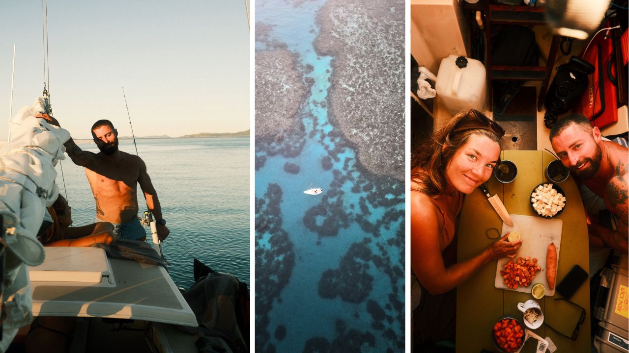 Cruisers relaxing aboard their sailboat, an aerial view of a yacht over coral reefs, and a couple preparing dinner inside the cabin.