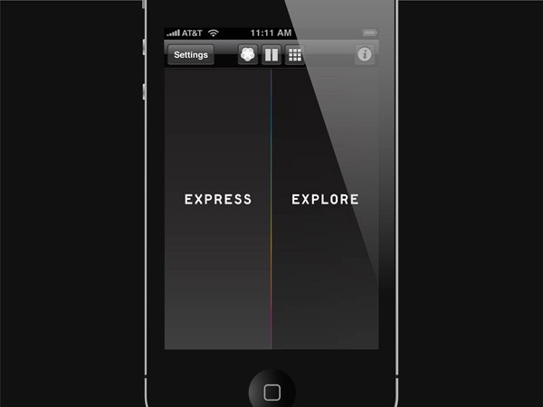 The image shows a black iPhone displaying a settings menu. The time shown is 11:11 AM. The screen is divided into two sections labeled "EXPRESS" and "EXPLORE," with a vertical color gradient separating them. A vertical bar runs down the center of the screen. The top of the screen shows standard iPhone status icons, including signal strength, carrier (AT&T), and time. The bottom of the screen has a home button.