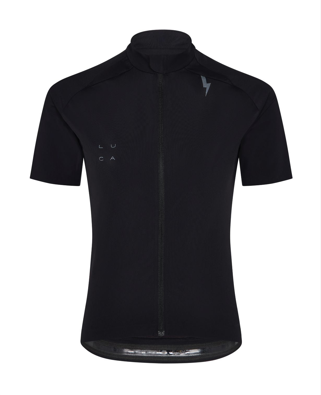 Front-view-of-the-Solstice-Black-LUCA-jersey-It-features-a-high-collar-a-full-black-central-zipper-the-LUCA-logo-on-the-left-chest-and-a-small-lightning-bolt-graphic-near-the-collar