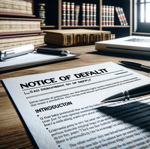 A notice of default document placed on a desk next to a pen and laptop.