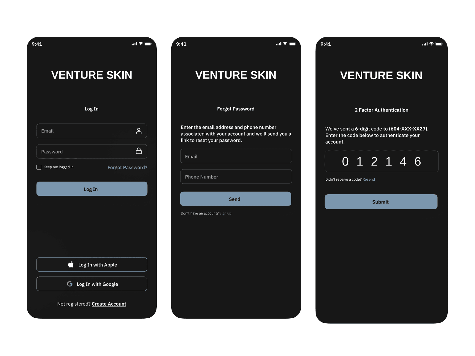 3 screens of the Venture Skin app