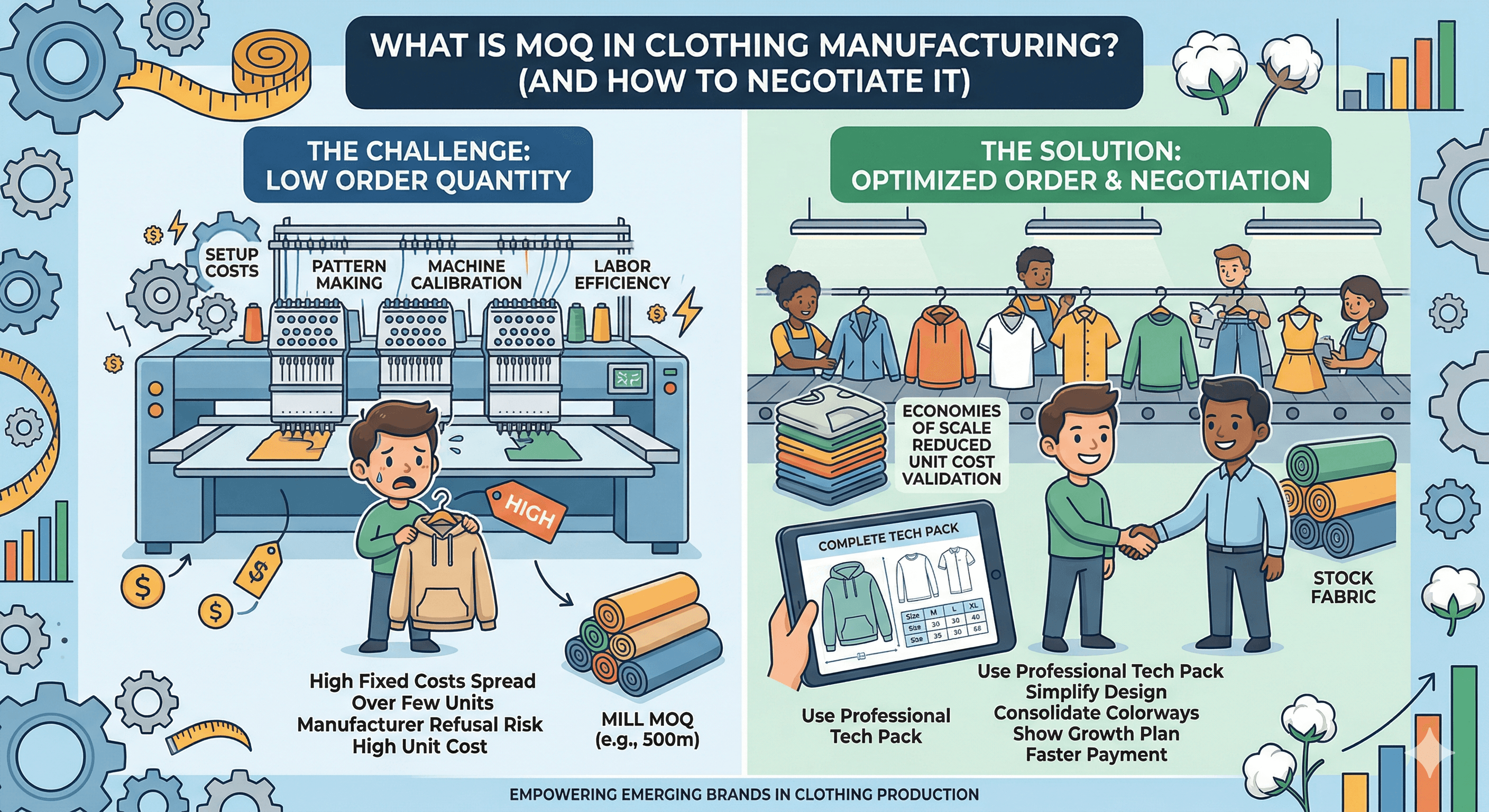 An infographic titled 'What is MOQ in Clothing Manufacturing?' comparing the high costs and setup challenges of low order quantities against successful negotiation strategies like using complete tech packs, simplifying designs, and leveraging stock fabric.