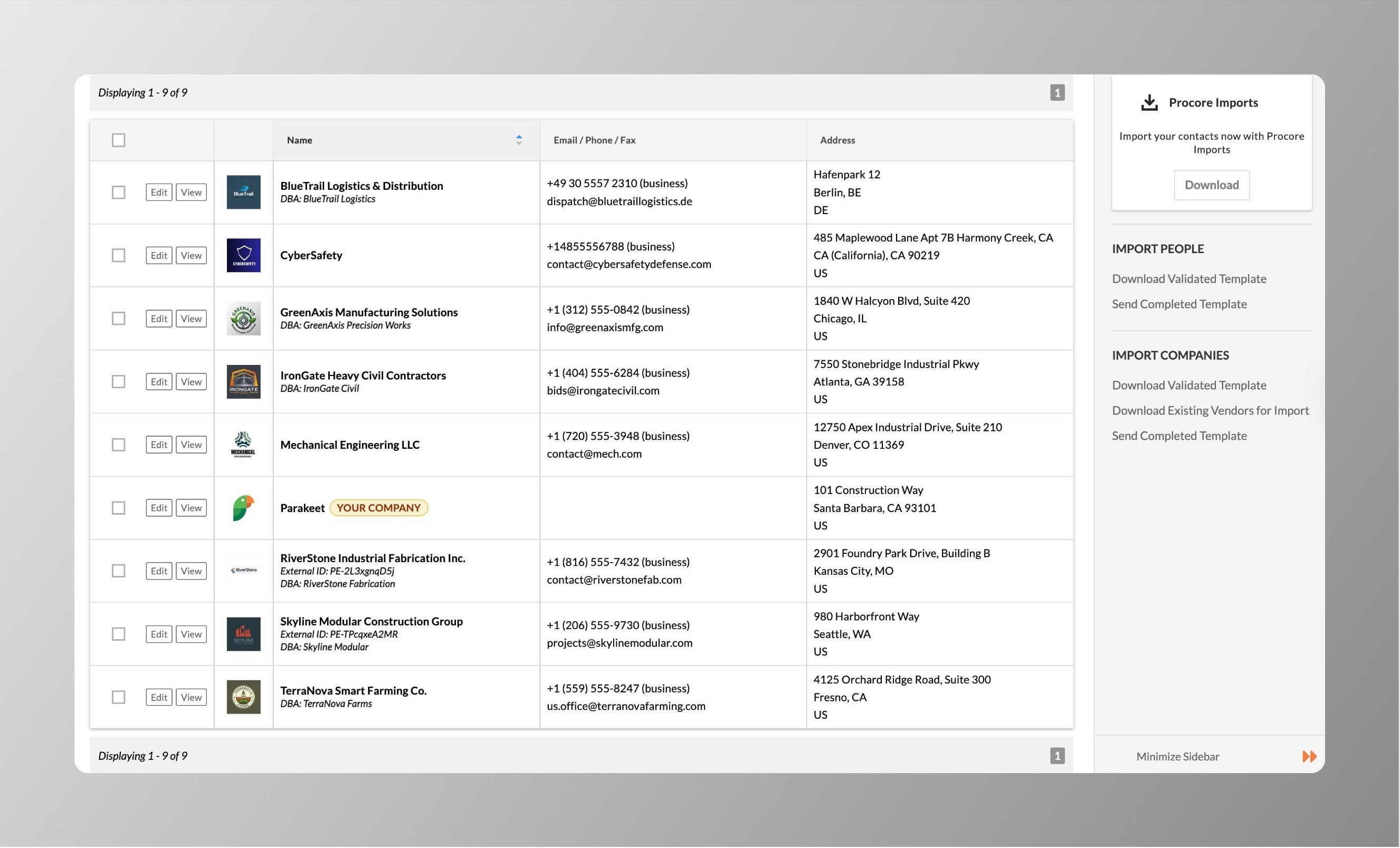 Procore list of vendors