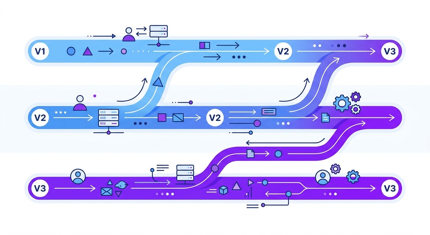 Flat illustration showing three parallel API version lanes labeled v1, v2, and v3 with arrows flowing between them.