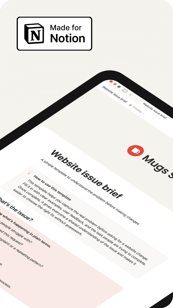 Notion template showing a website issue brief used to define problems clearly before making improvements.