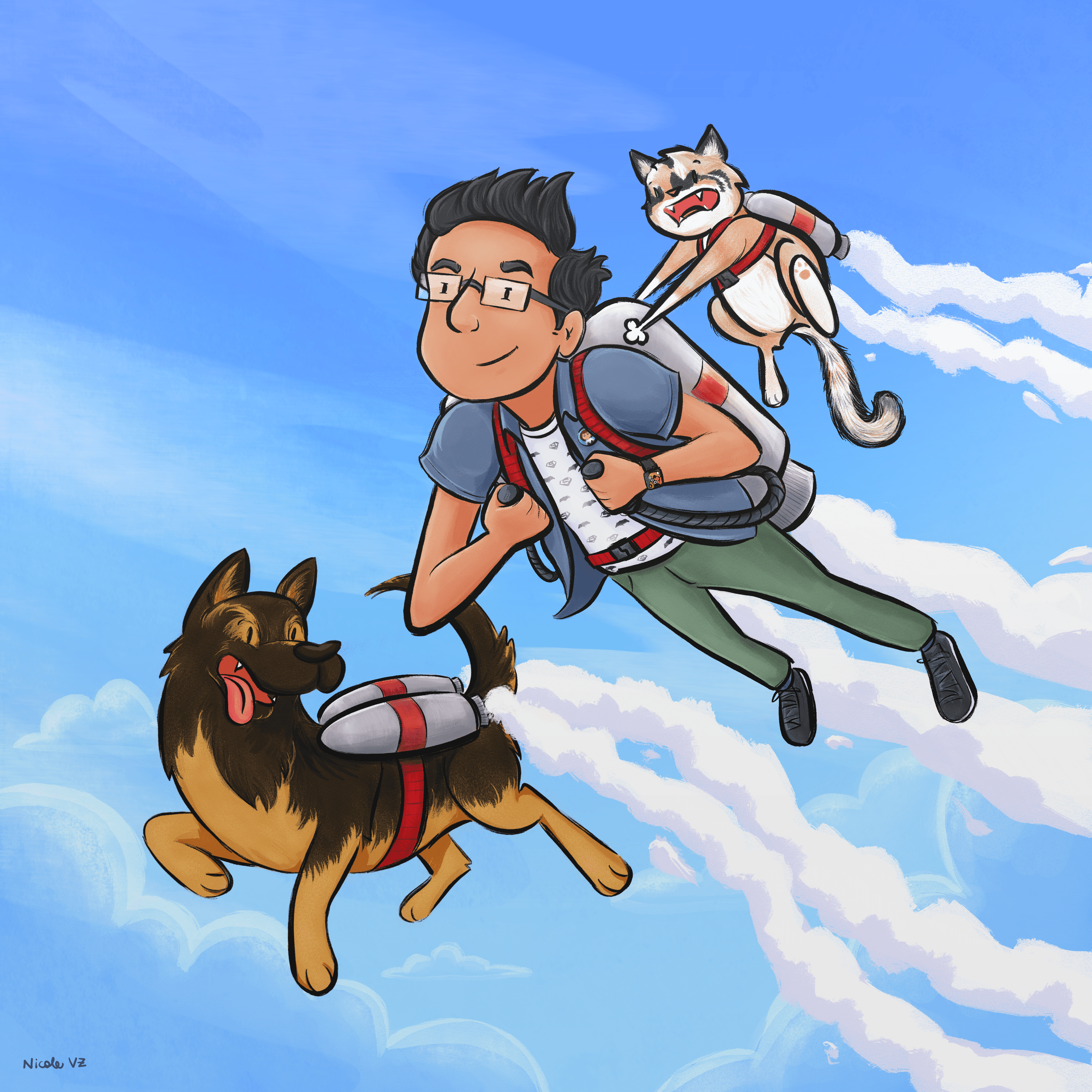 Henry in the sky with Pearl and Rex