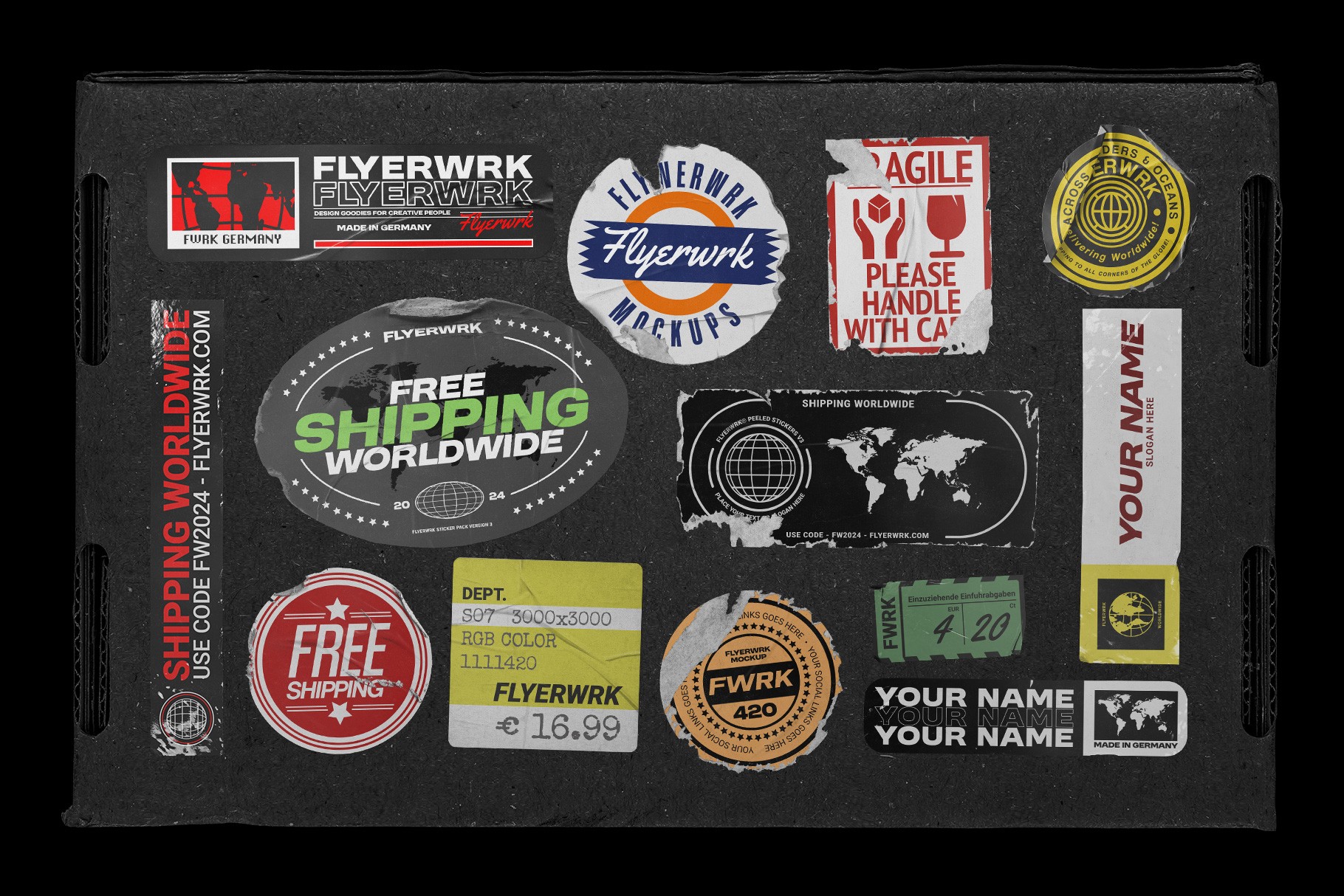 Gritty cardboard box scene featuring various shipping labels and promotional peeled sticker mockups