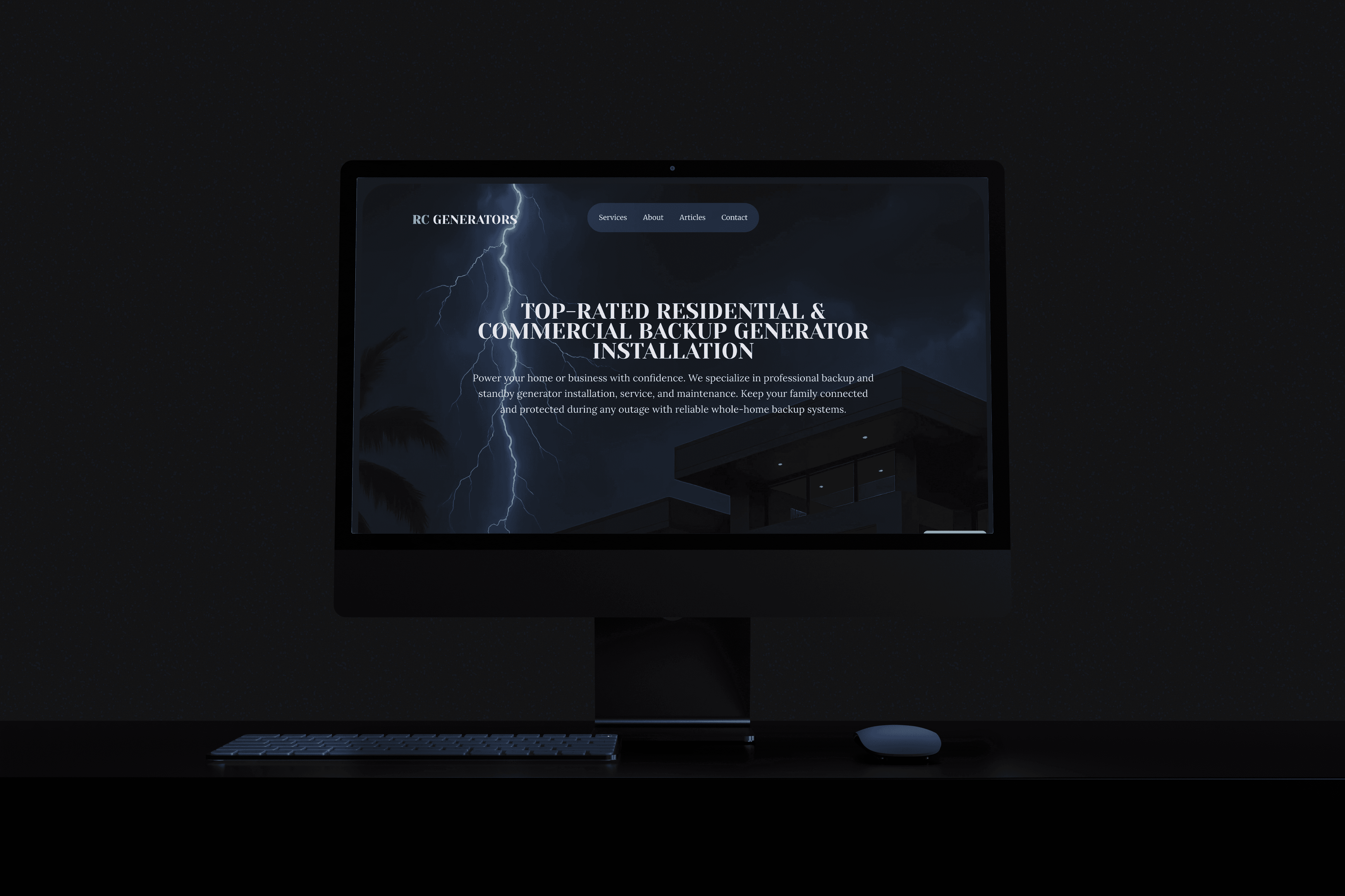 a dark room with a large monitor showcasing a website