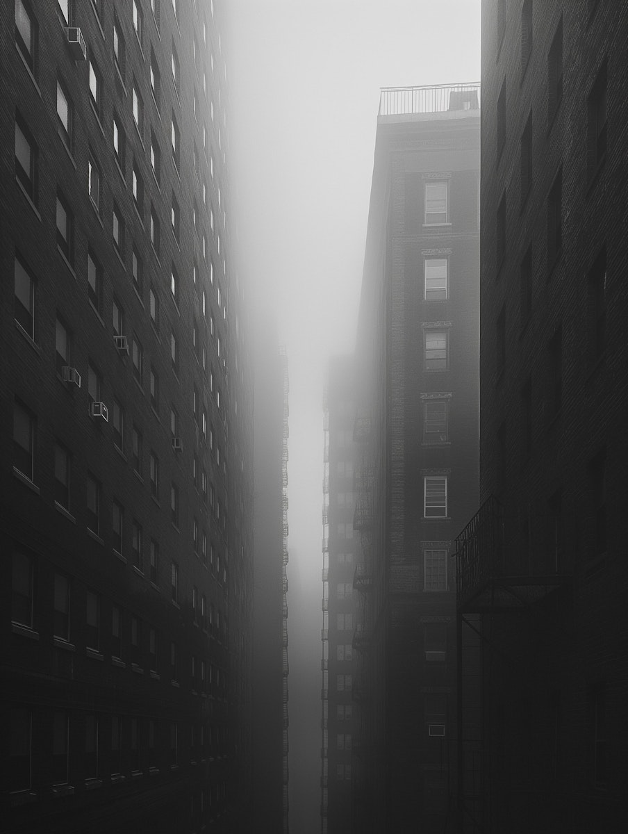 A narrow alleyway between tall buildings, shrouded in fog, creating a mysterious and atmospheric scene.