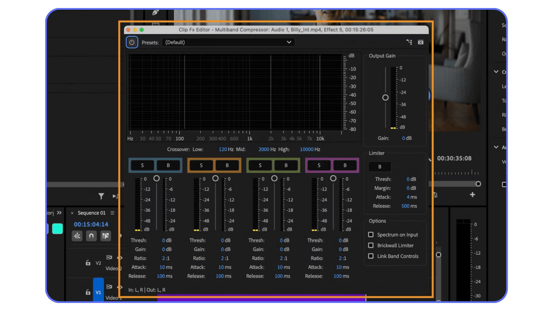 Detailed multiband compressor settings in Premiere Pro used for dialogue control and loudness consistency