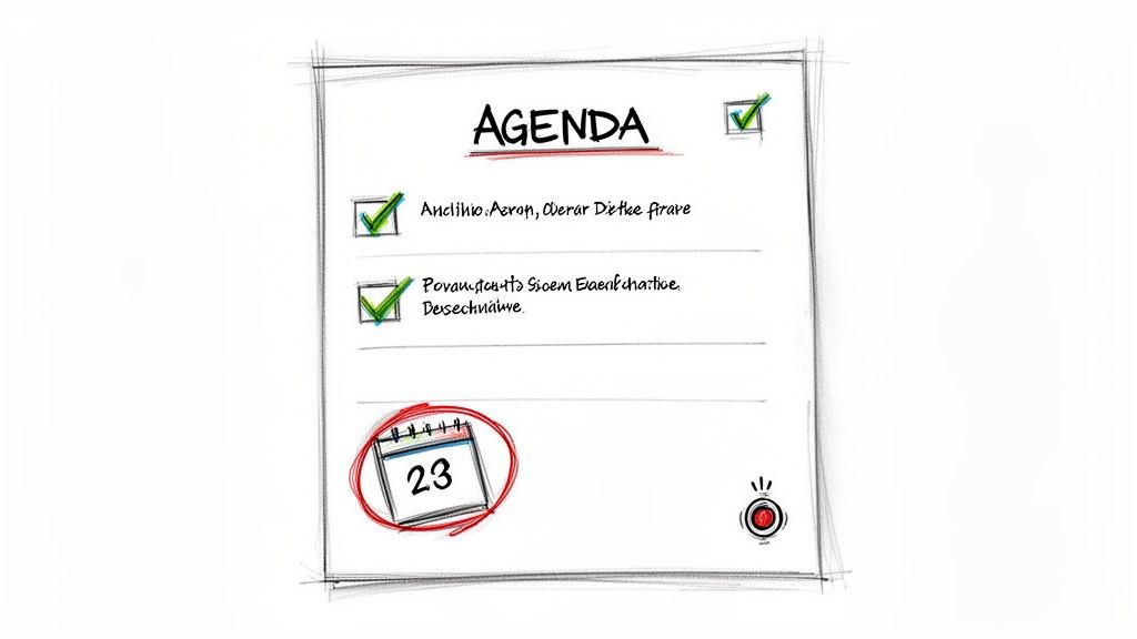 A hand-drawn agenda with two checked tasks, a calendar icon, and a recording button.
