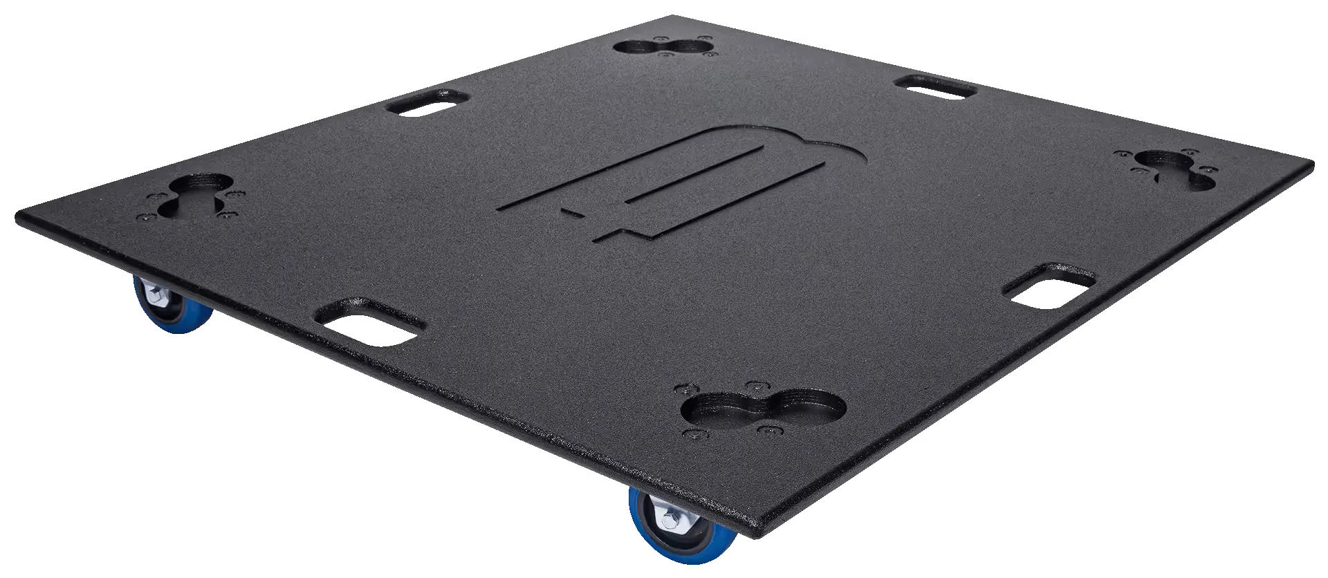 Black dolly with blue wheels and embossed logo