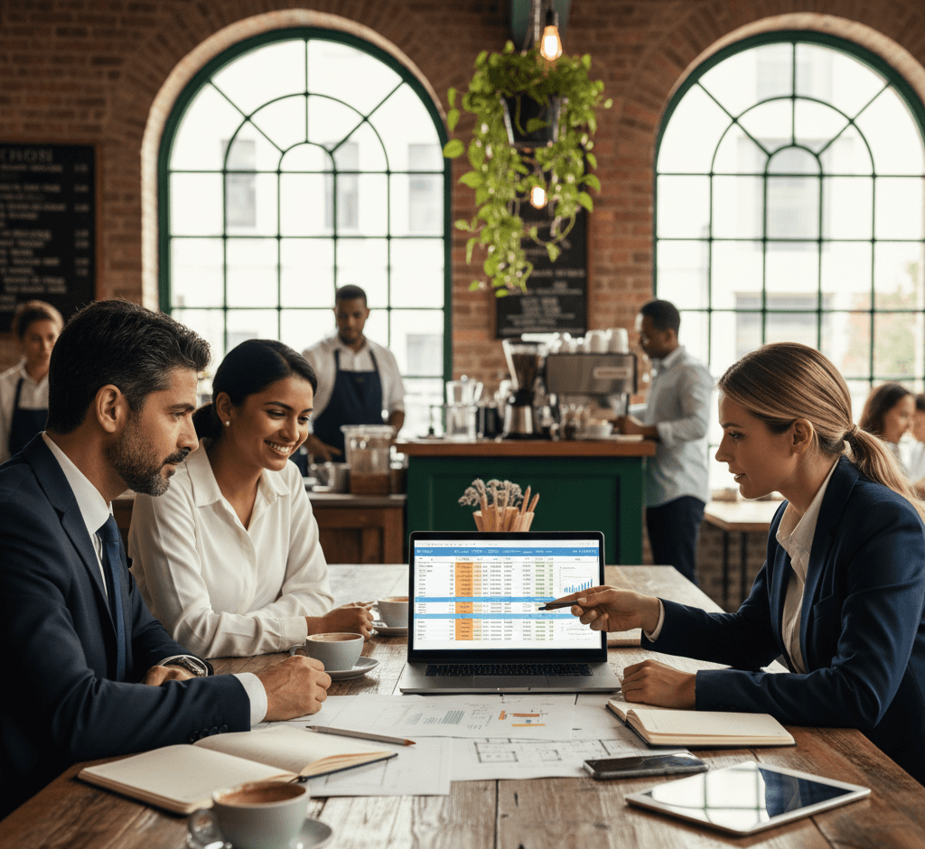 Consultant looking at finances with restaurant management