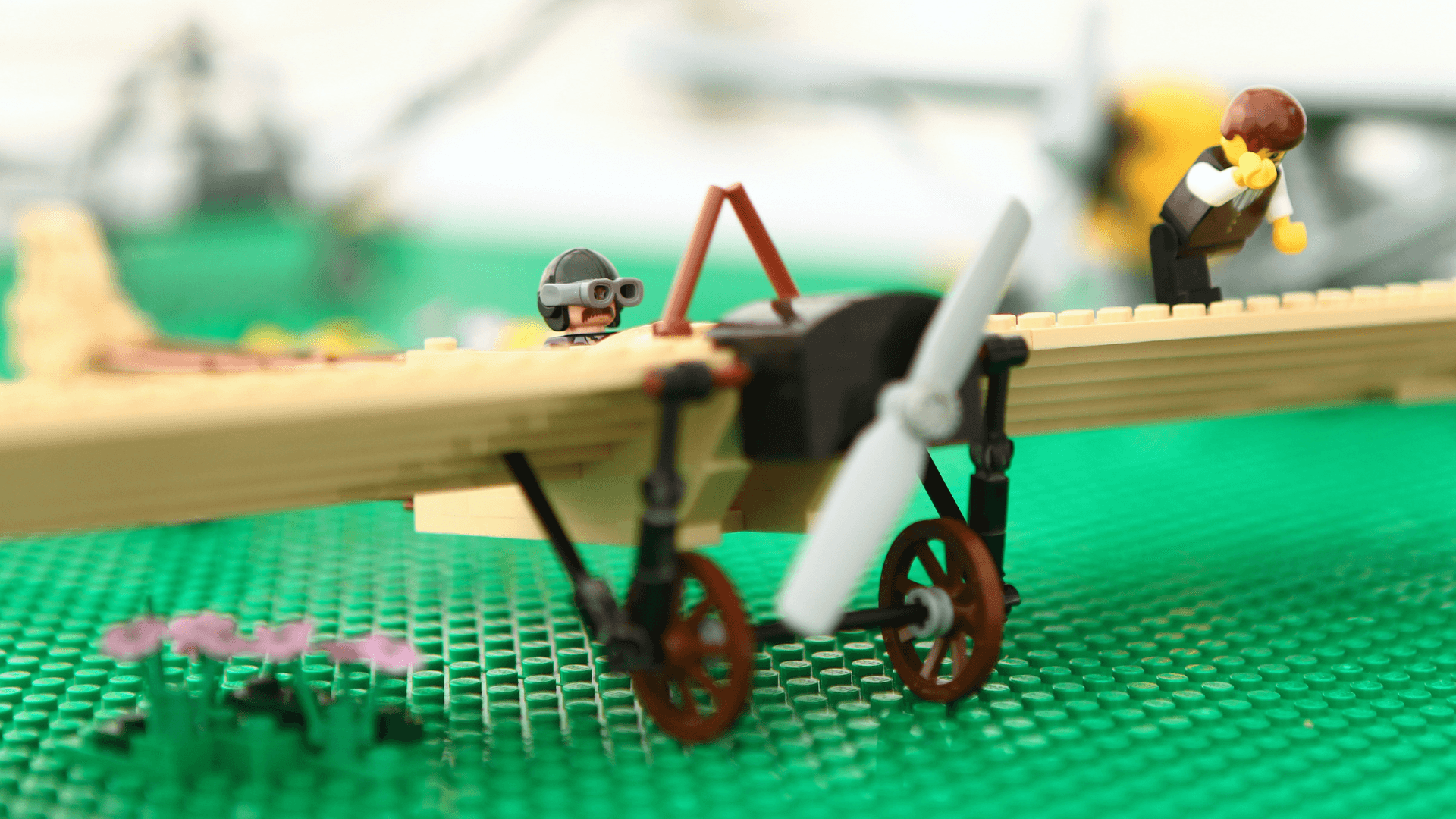 One LEGO® pilot sits in the LEGO® Bleriot before it takes off.