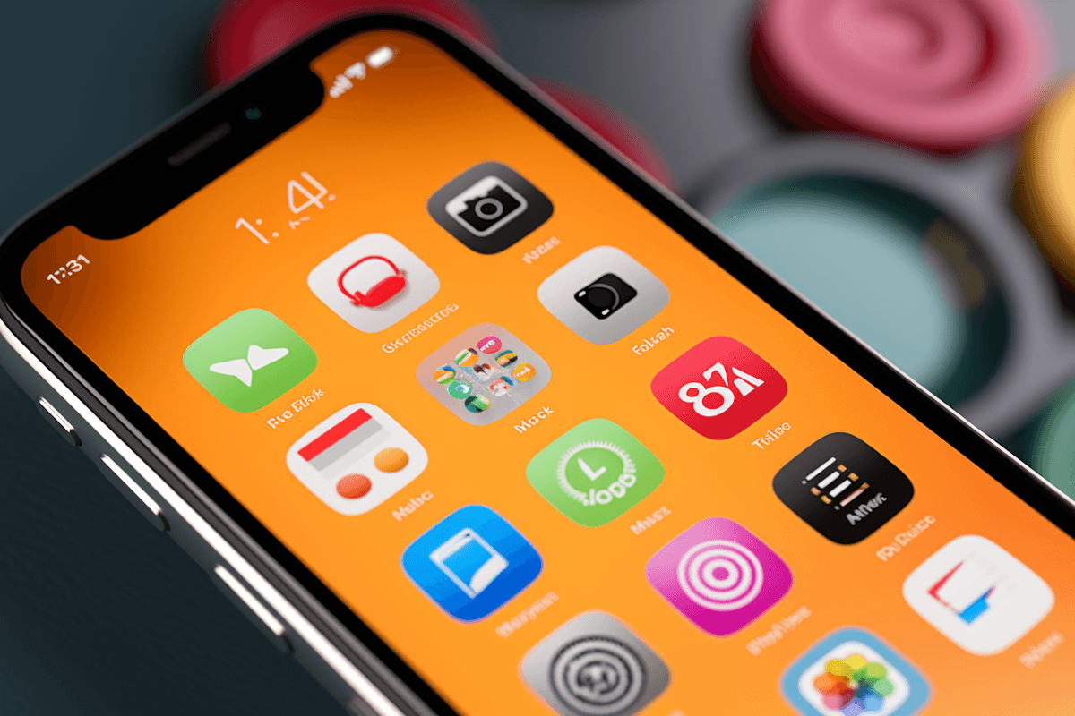 iPhone 14 mockup on concrete surface with graphic design on screen
