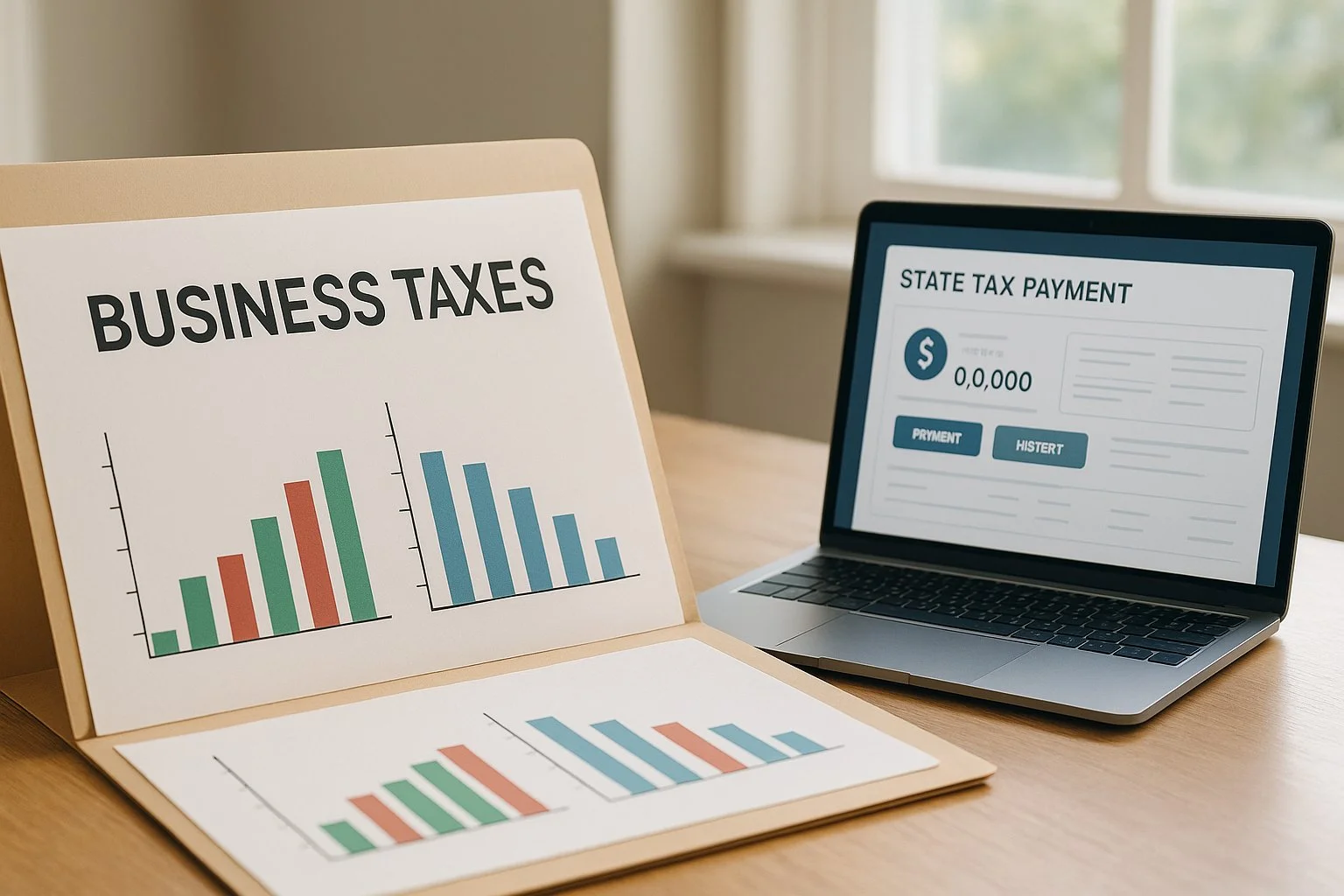 Open folder labeled Business Taxes on a table with simple deduction charts, next to a laptop showing a state tax payment dashboard.