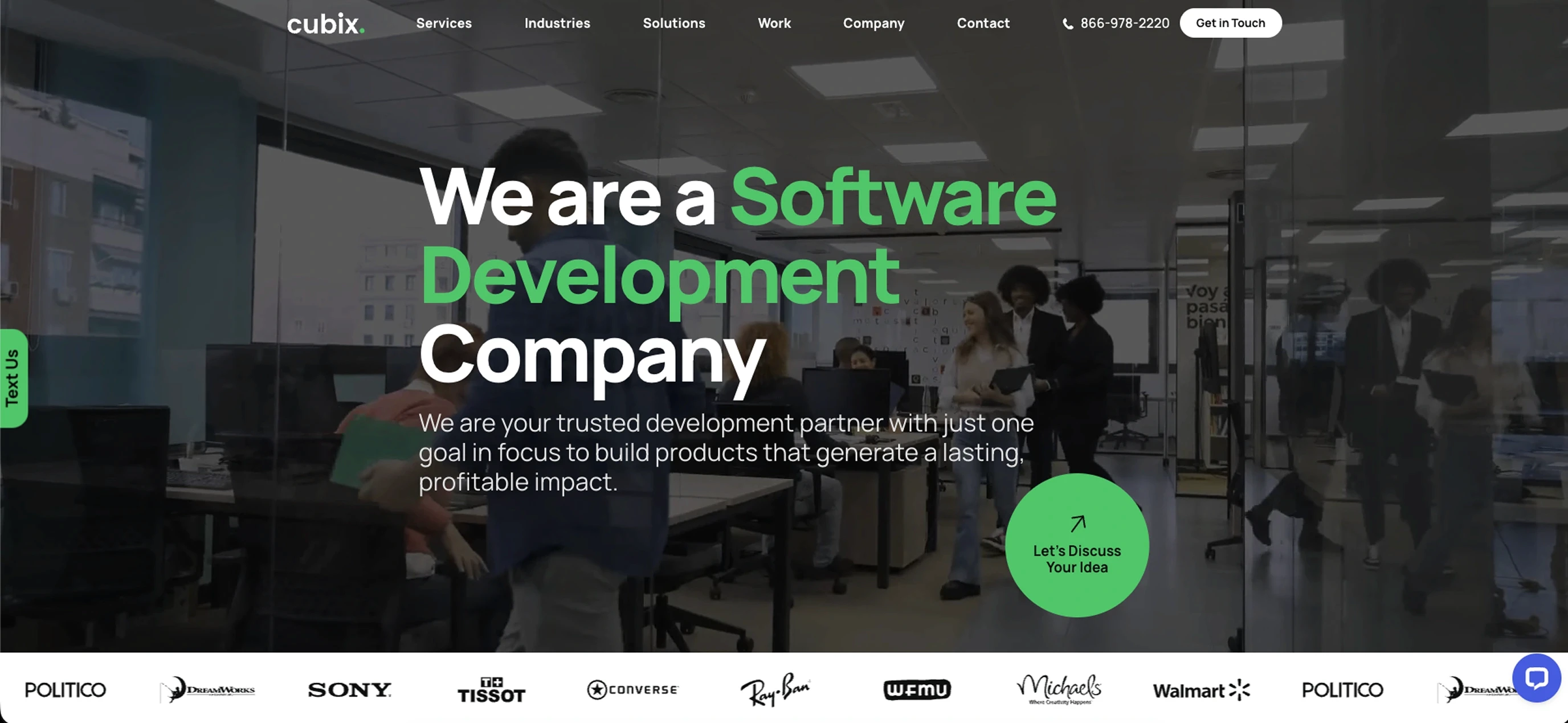 Cubix software development company homepage showing office team and client logos