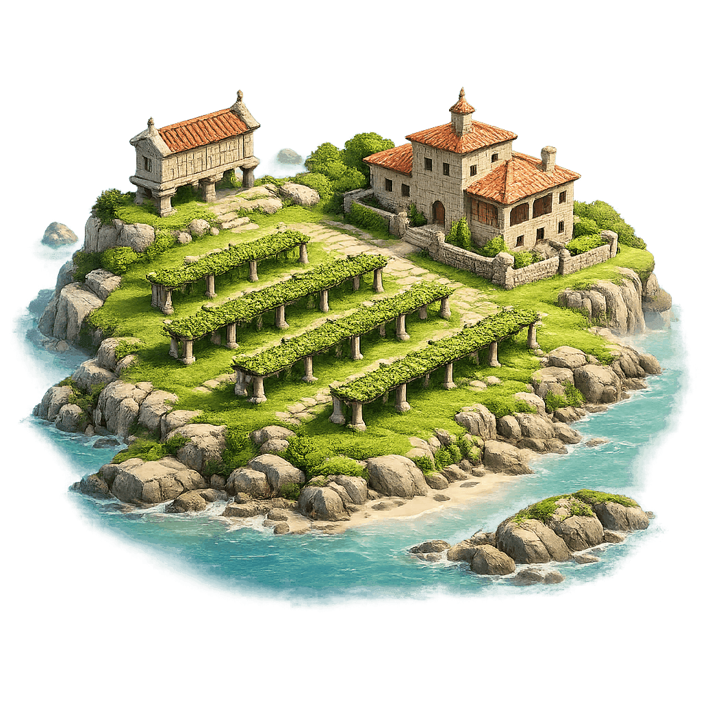 Artistic illustration of the Rías Baixas wine region.