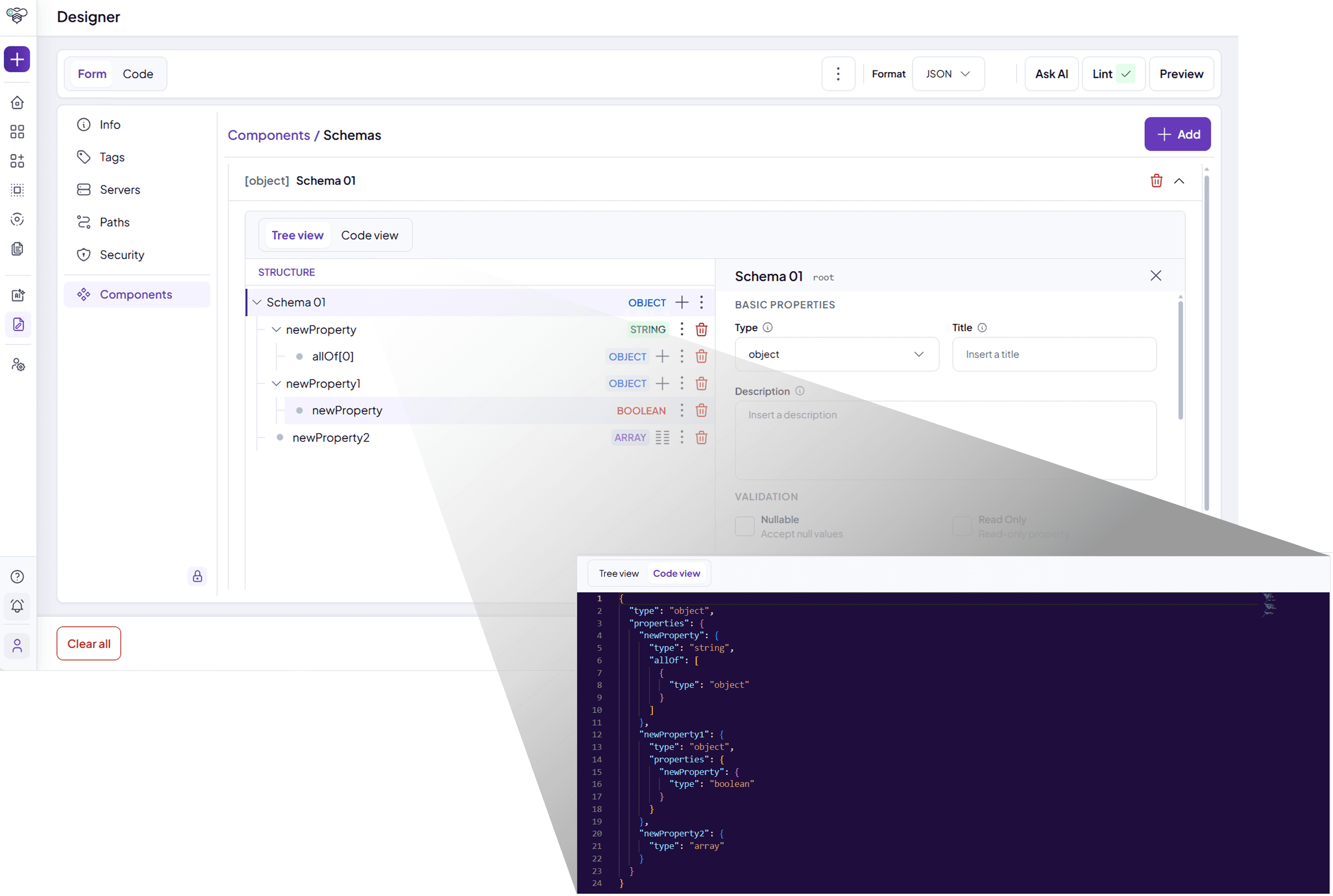 API Designer schema editor in tree view, with the equivalent JSON in code view