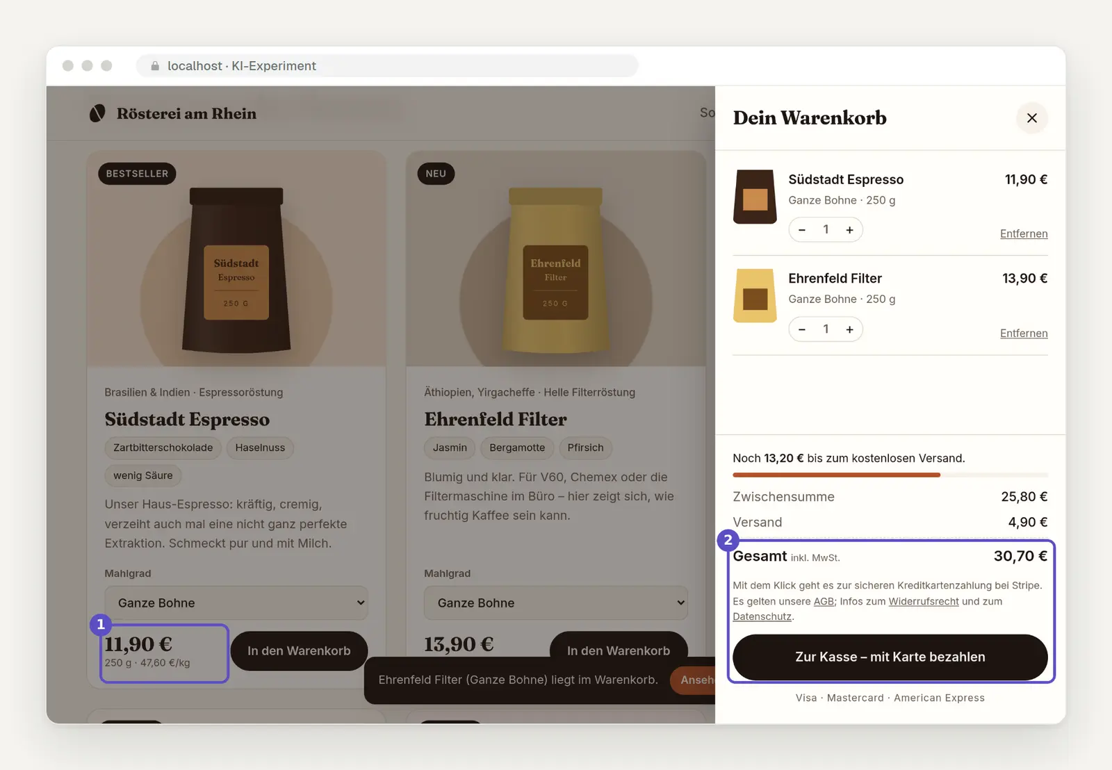 Warenkorb des KI-Testshops mit dem Grundpreis je Kilogramm bei jeder Kaffeesorte, etwa 250 Gramm zu 47,60 Euro pro Kilogramm, darunter der Gesamtbetrag inklusive Mehrwertsteuer und die Schaltfläche zur Kartenzahlung.