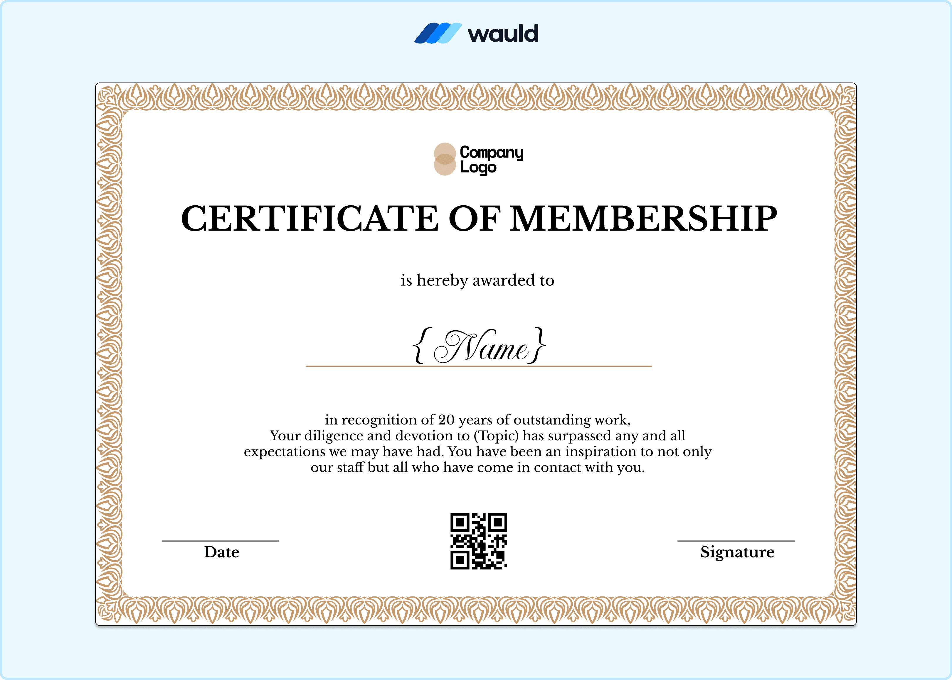 Gold ornate membership certificate template with rich decorative border, member name field, recognition details for years of outstanding work, date, QR code, and signature line