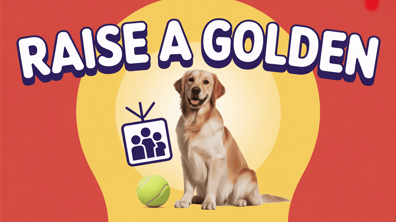 Golden retriever poses with family badge under RAISE A GOLDEN headline