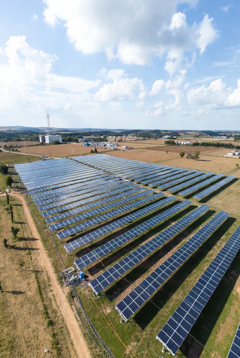 Rooftop solar panel array in bright sunlight