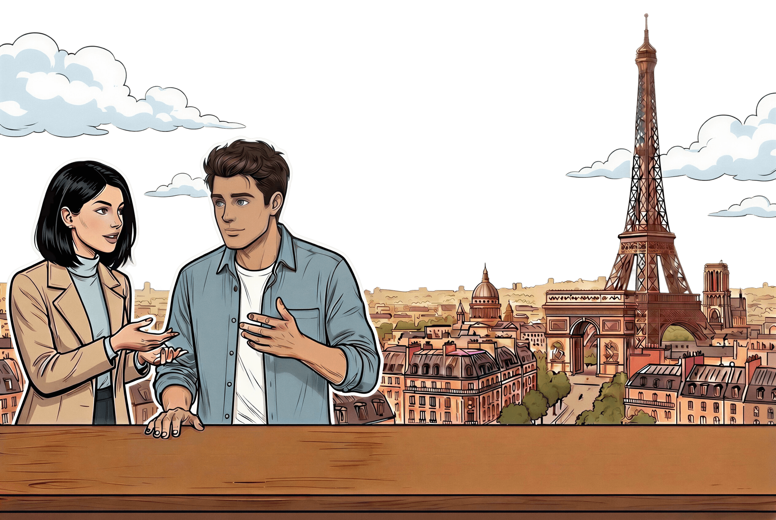 A female French teacher and a young male student standing together at a table with a Paris cityscape and the Eiffel Tower in the background, illustrated in a flat editorial style.