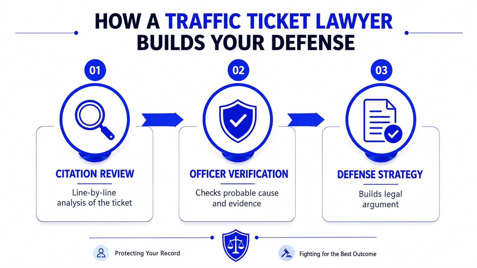 An infographic showing how a traffic ticket lawyer builds a legal defense in three simple steps.