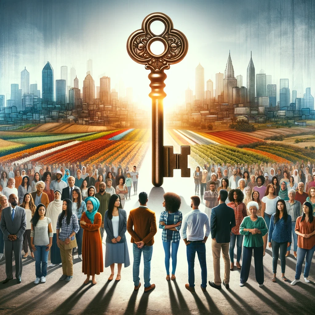 Diverse group of individuals standing unitedly, holding a symbolic large key, with a cityscape and agricultural field backdrop, representing the journey of undocumented immigrants towards securing work permits.