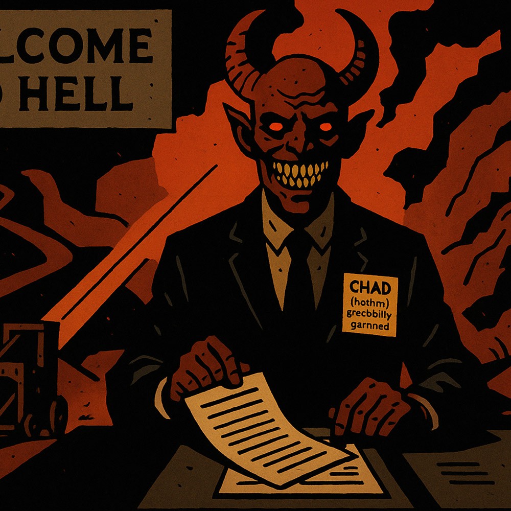 A monochromatic illustration showing a smiling demon sitting by his desk, smiling and holding some paperwork. Behind him is a "Welcome to Hell" sign.