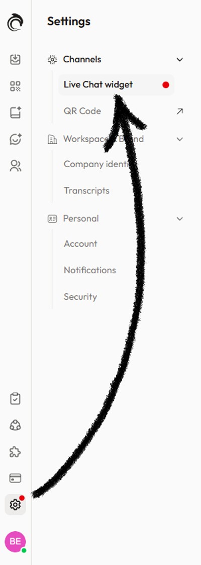 AskDolphin panel showing the Live Chat Installation menu highlighted with an arrow inside the Settings sidebar.