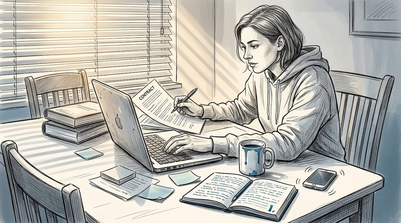 Founder drafting contract at home office table