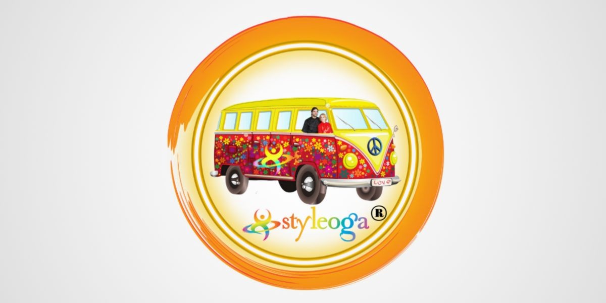 Colorful psychedelic van with peace symbol, representing Styleoga's vibrant and transformative yoga journey