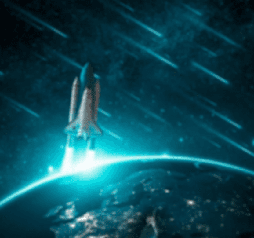: A futuristic background image featuring a rocket launching from a glowing blue Earth, with stars and streaks of light in the dark sky, suitable for a marketing agency's single service page hero section.