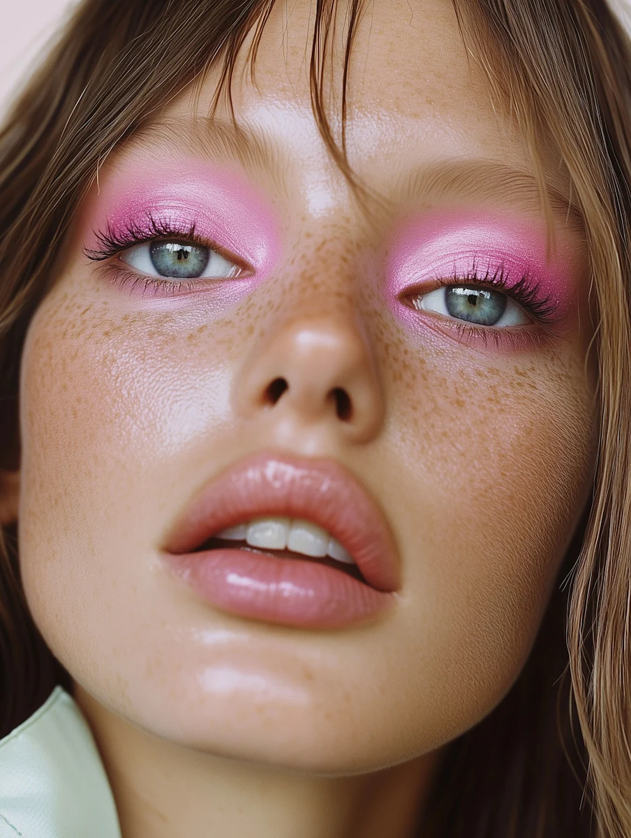 Close-up of a woman with blue eyes, pink eyeshadow, glossy lips, and freckles, highlighting smooth skin texture.