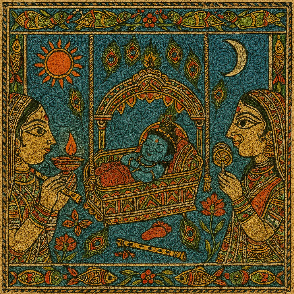 Women around the cradle with a new born baby and holding diyas and toys