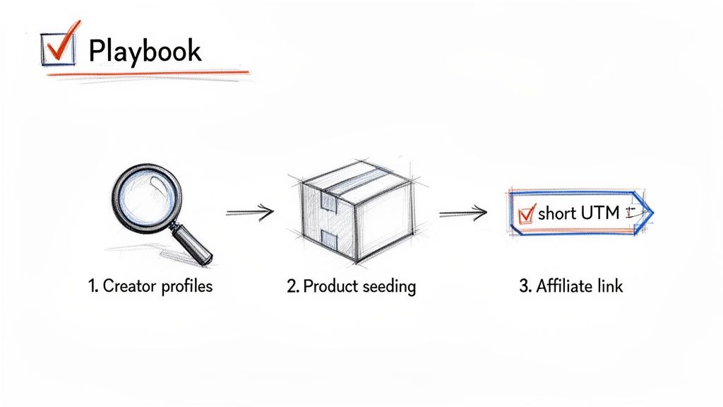A playbook outlining three steps for influencer marketing: creator profiles, product seeding, and affiliate links.
