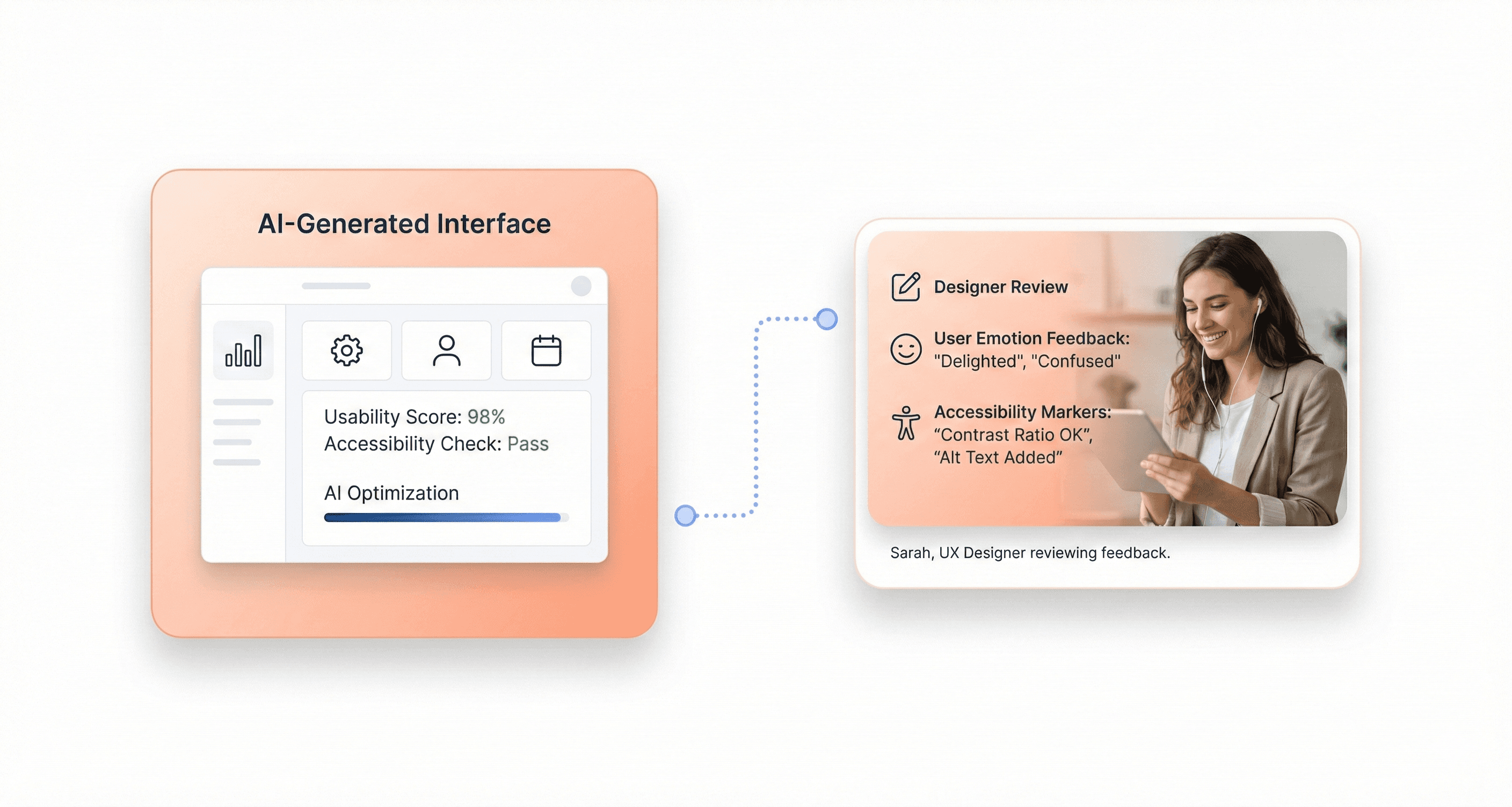 Human UX designer reviewing emotional feedback and accessibility notes alongside AI generated interface layouts