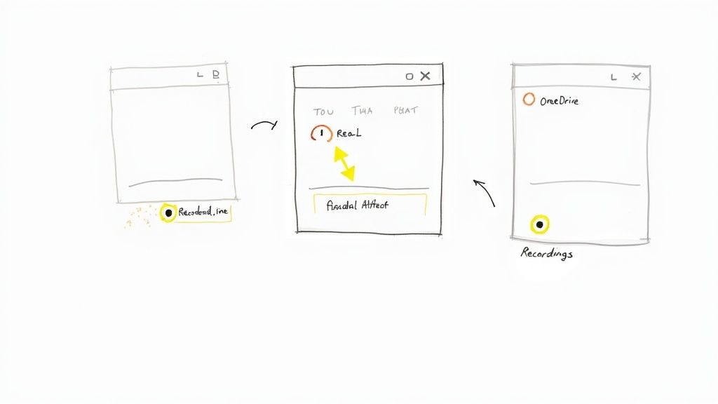 Hand-drawn sketches illustrate a workflow involving recording, editing, and saving files to OneDrive.