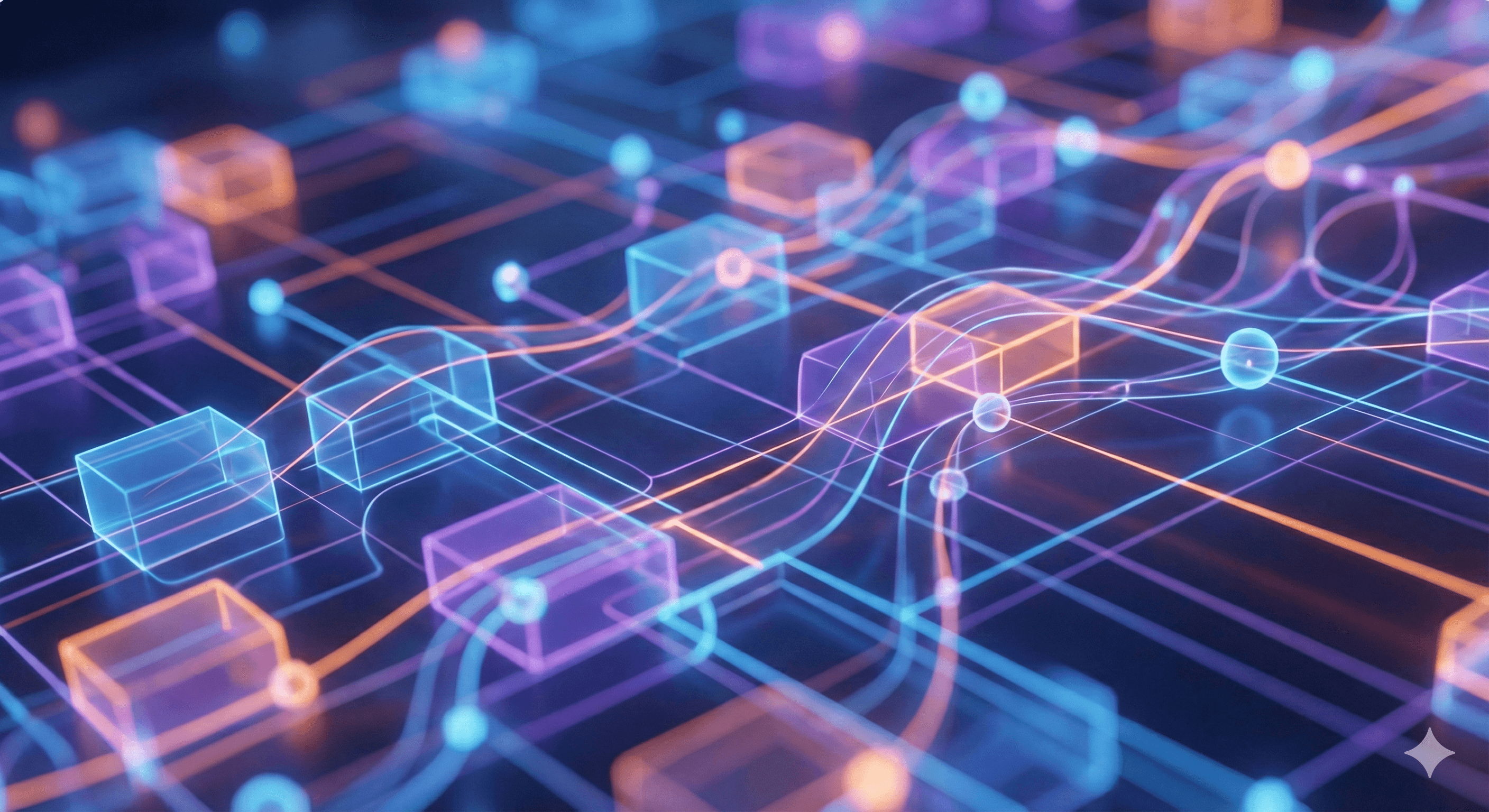 The image depicts a futuristic digital network with interconnected neon lines and glowing nodes, illustrating a complex data visualization concept for technology and the Gleaniverse.