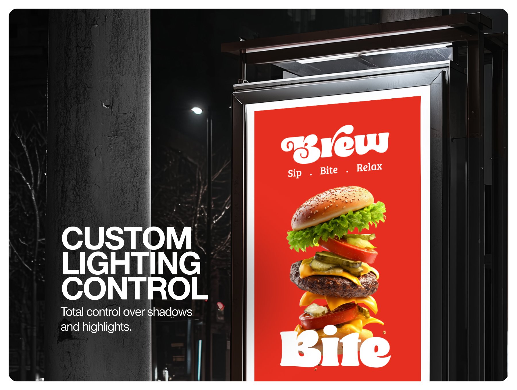 Night time billboard burger advertisement