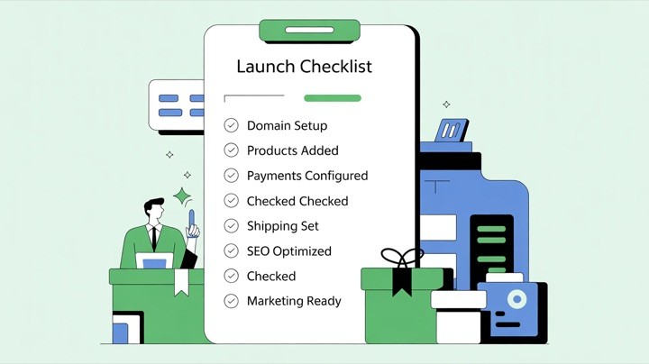 Complete store launch checklist showing all steps from setup to go-live