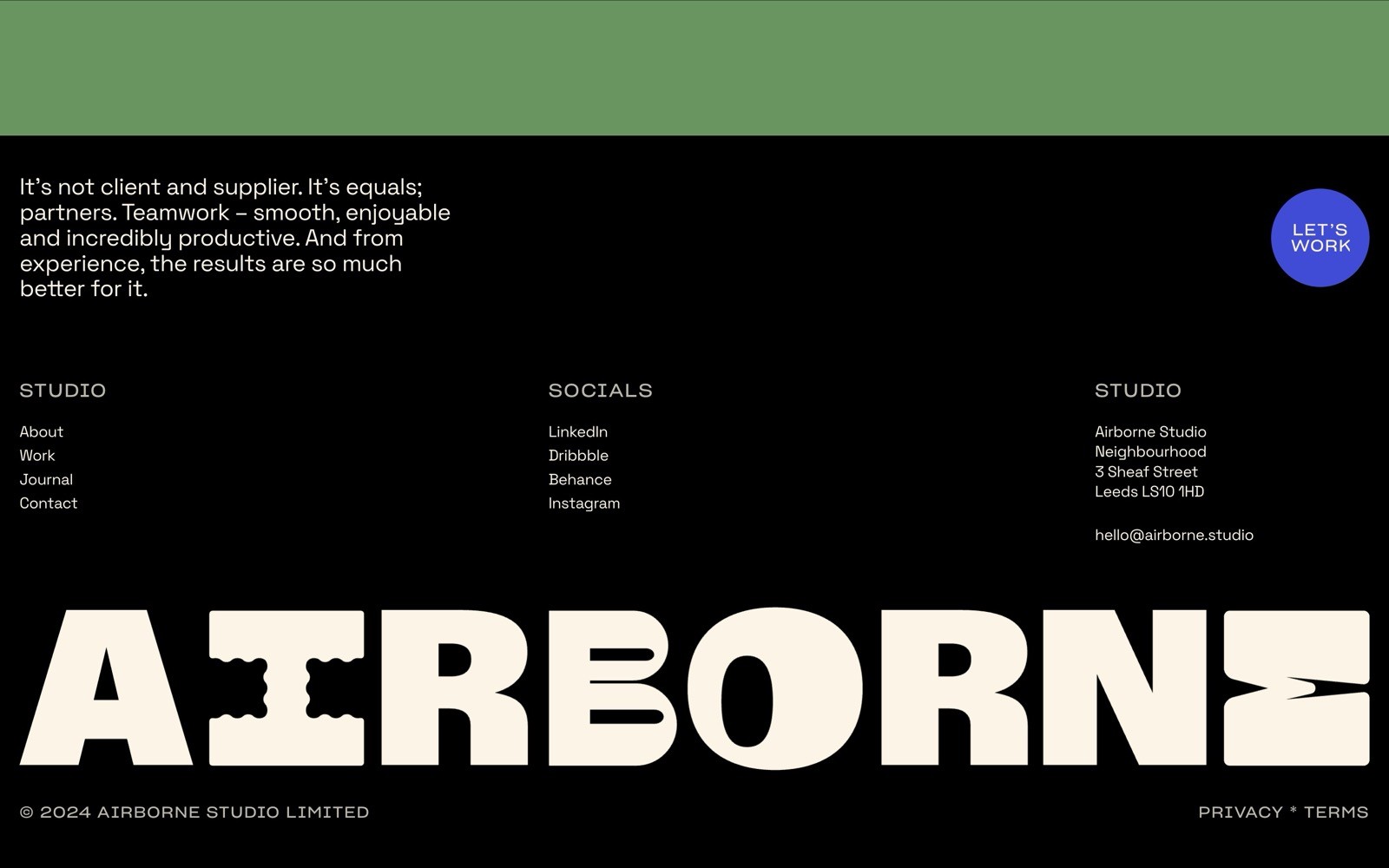 Bold "AIRBORNE" text with cutouts on black. Text: "It's not client and supplier... just better for both." Socials and Studio info listed.