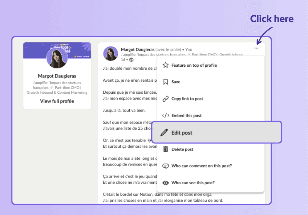 A screenshot showing how to edit a LinkedIn post
